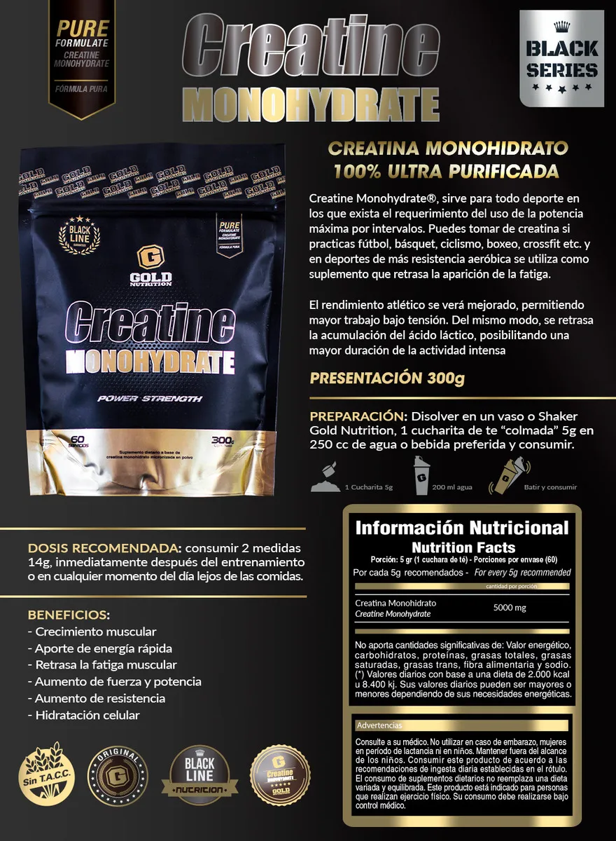 Creatina Monohidrato 300g Gold Nutrition - Imagen 4